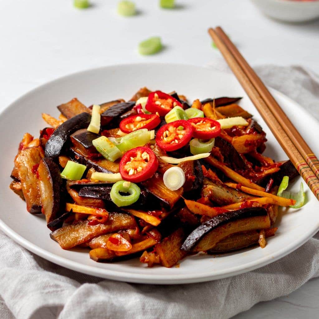plate of aubergine in chilli bean sauce