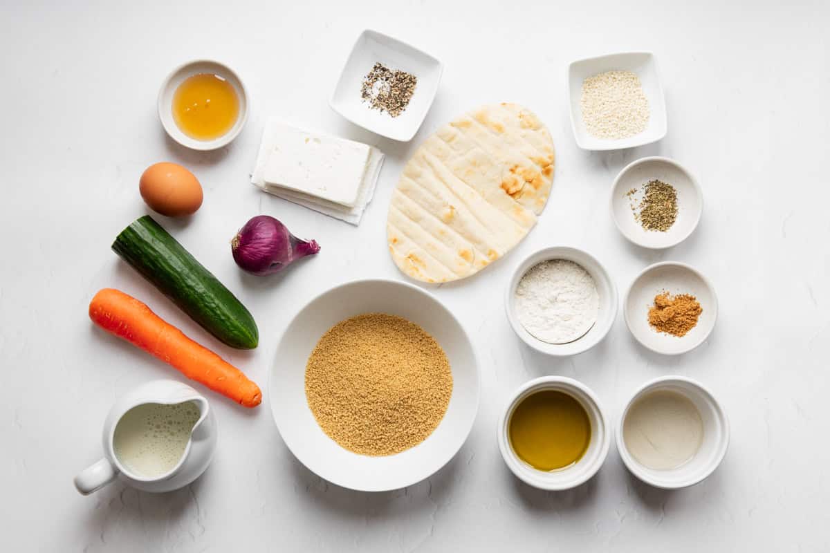 Ingredients for rainbow vegetable salad and sesame feta fritters