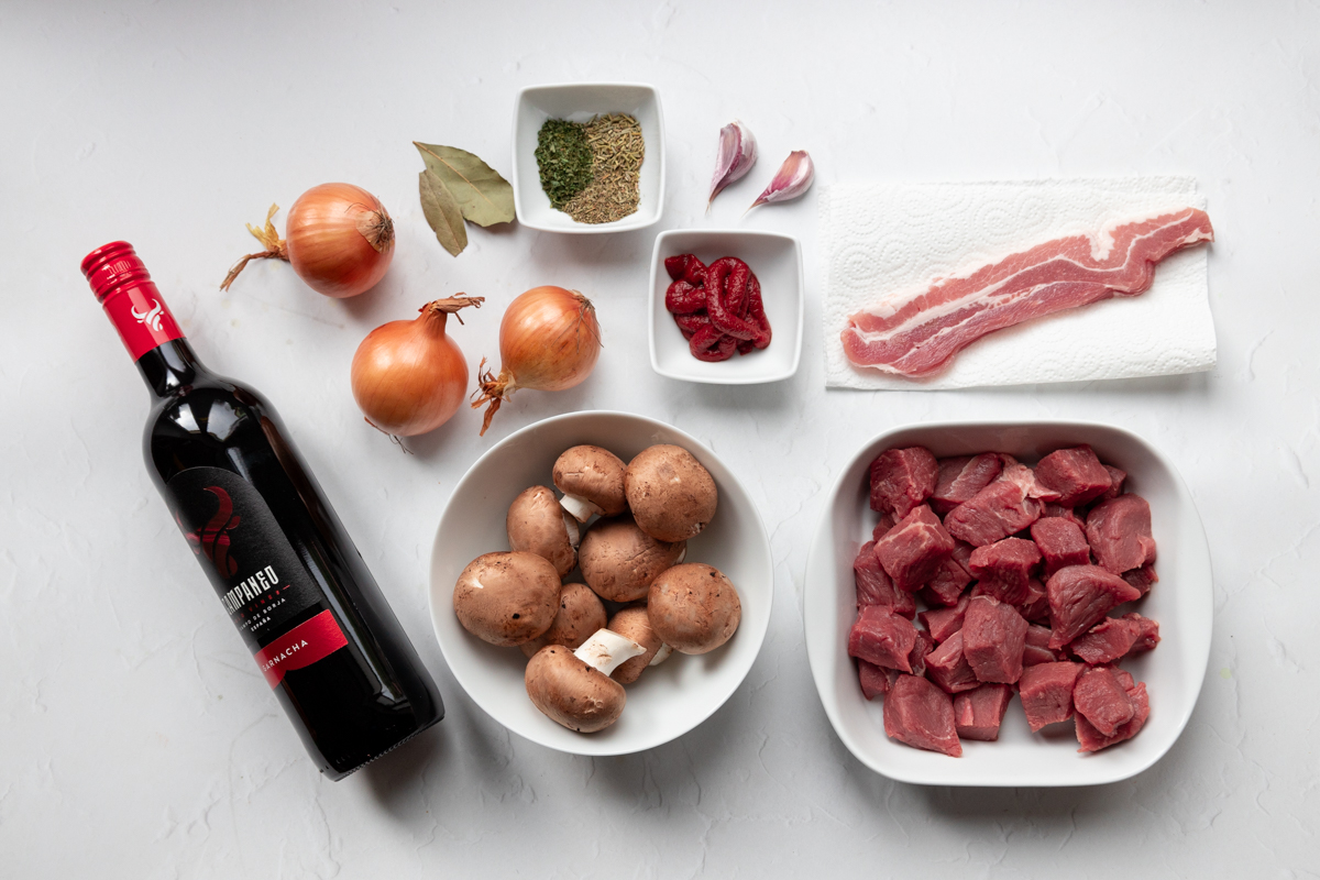 Ingredients for a classic beef bourguignon