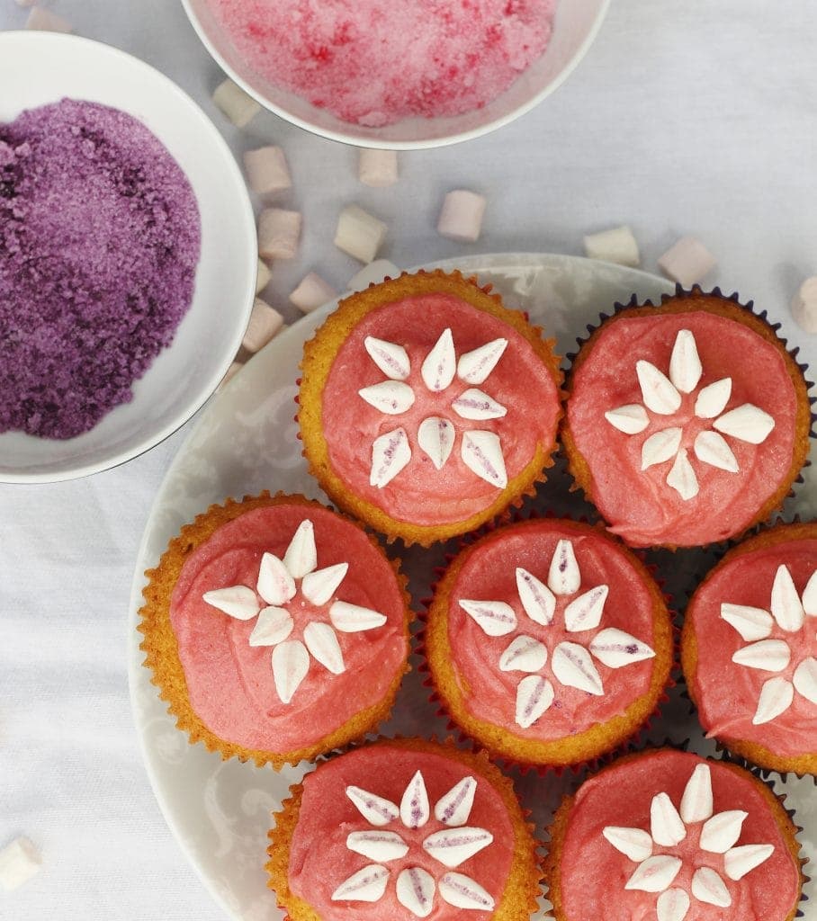 Marshmallow Flower Cupcakes and pots of coloured sugar