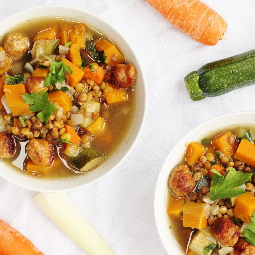 sausage and letili soup bowls from above