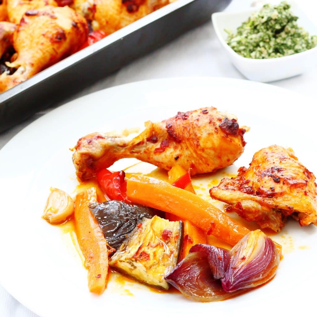 Harissa chicken traybake