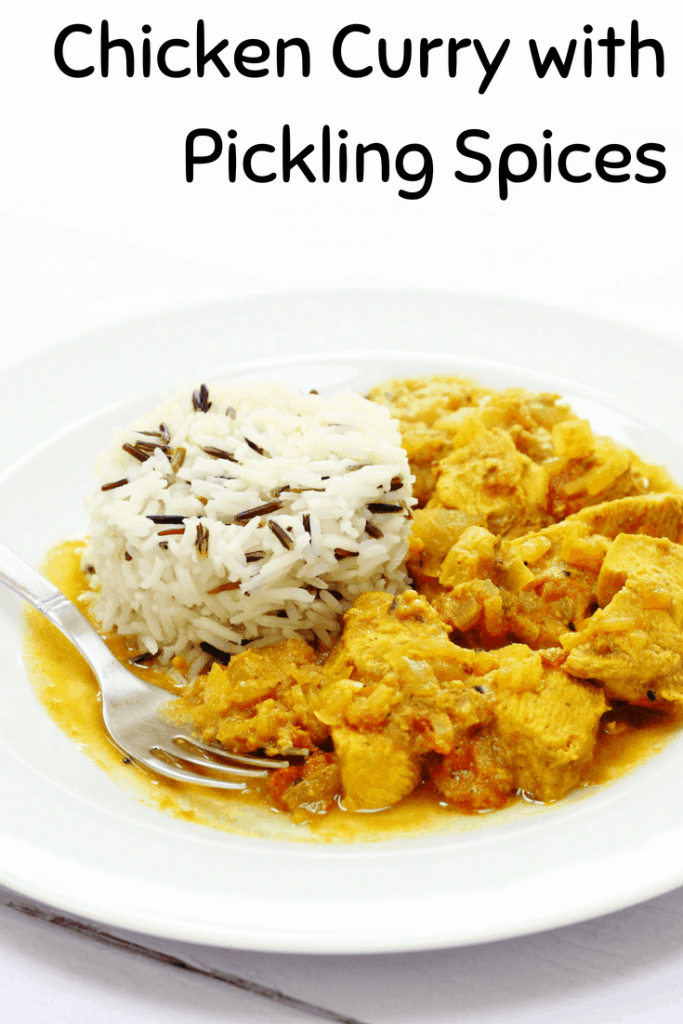 chicken curry with pickling spices pin image