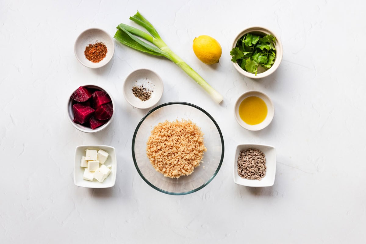 Ingredients for couscous, beetroot and feta salad