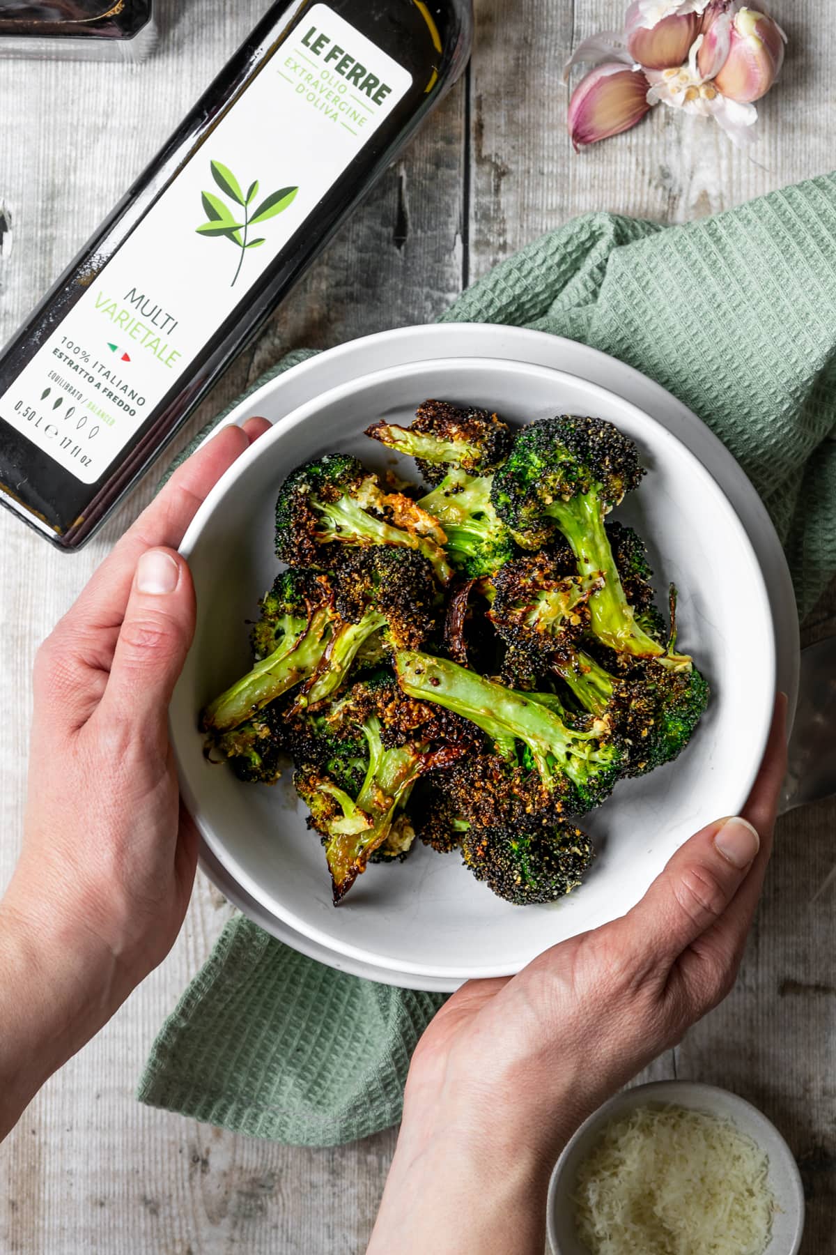 flatlay of air fried broccoli