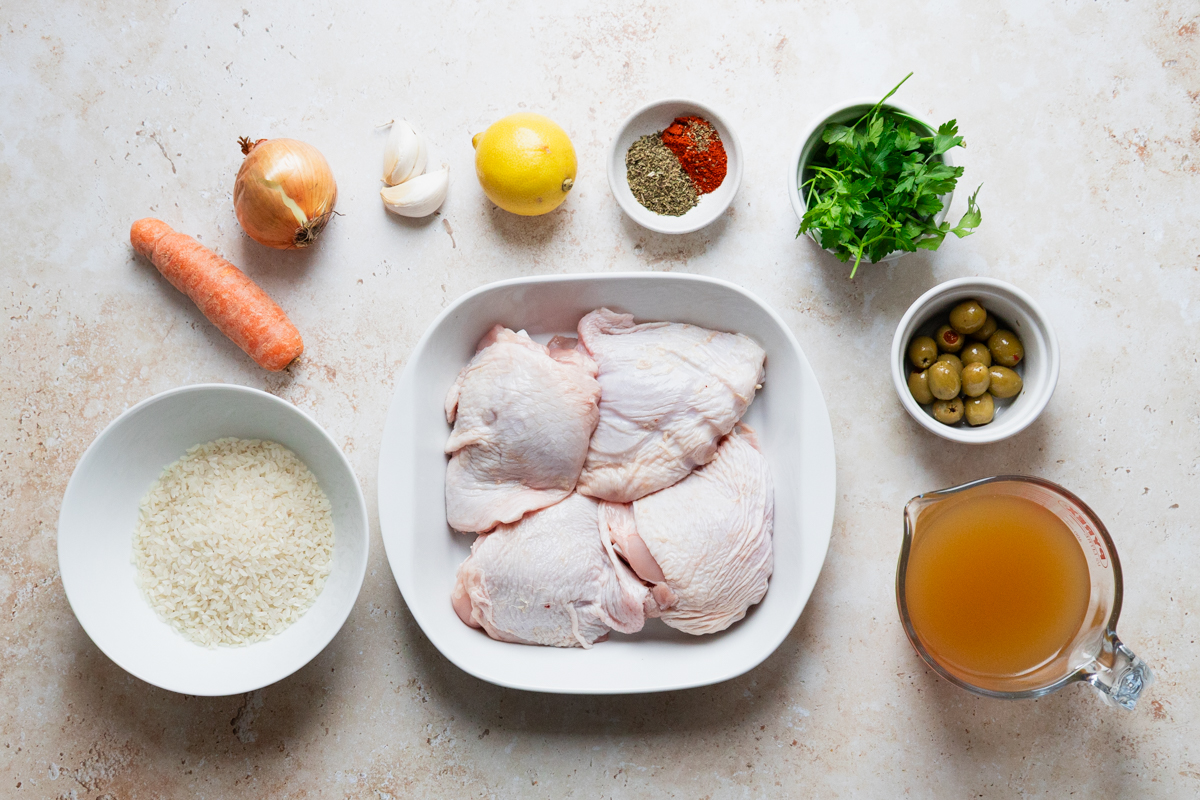 Ingredients for one pot Greek chicken and rice